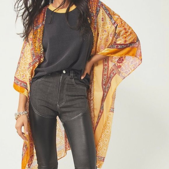 NWT Free People Beguiled Patchwork Burnout Velvet Kimono Gold - Picture 1 of 4